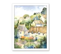 Artery8 Thatched Roof Cottage House Village in Soft Pastel Colours Modern Watercolour Painting Artwork Framed Wall Art Print 18X24 Inch