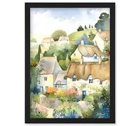 Artery8 Thatched Roof Cottage House Village in Soft Pastel Colours Modern Watercolour Painting Artwork Framed Wall Art Print A4