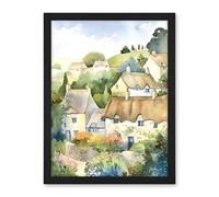 Artery8 Thatched Roof Cottage House Village in Soft Pastel Colours Modern Watercolour Painting Artwork Framed Wall Art Print 18X24 Inch
