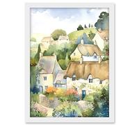Artery8 Thatched Roof Cottage House Village in Soft Pastel Colours Modern Watercolour Painting Artwork Framed A3 Wall Art Print