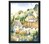 Artery8 Thatched Roof Cottage House Village in Soft Pastel Colours Modern Watercolour Painting Artwork Framed A3 Wall Art Print
