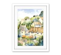 Artery8 Thatched Roof Cottage House Village in Soft Pastel Colours Modern Watercolour Painting Artwork Framed Wall Art Print 18X24 Inch
