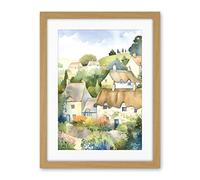 Artery8 Thatched Roof Cottage House Village in Soft Pastel Colours Modern Watercolour Painting Artwork Framed Wall Art Print 18X24 Inch