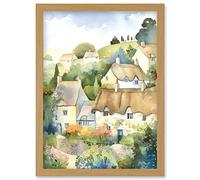 Artery8 Thatched Roof Cottage House Village in Soft Pastel Colours Modern Watercolour Painting Artwork Framed Wall Art Print A4