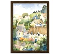 Artery8 Thatched Roof Cottage House Village in Soft Pastel Colours Modern Watercolour Painting Artwork Framed Wall Art Print A4