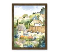 Artery8 Thatched Roof Cottage House Village in Soft Pastel Colours Modern Watercolour Painting Artwork Framed Wall Art Print 18X24 Inch