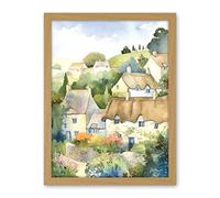 Artery8 Thatched Roof Cottage House Village in Soft Pastel Colours Modern Watercolour Painting Artwork Framed Wall Art Print 18X24 Inch