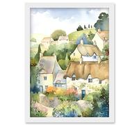 Artery8 Thatched Roof Cottage House Village in Soft Pastel Colours Modern Watercolour Painting Artwork Framed Wall Art Print A4