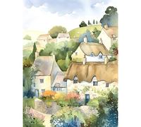 Artery8 Thatched Roof Cottage House Village in Soft Pastel Colours Modern Watercolour Painting Large Wall Art Poster Print Thick Paper 18X24 Inch