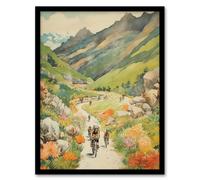 Artery8 The Bike Ride Through The Alps Watercolour Painting Alpine Bikers On Scenic Mountain Trail Art Print Framed Poster Wall Decor | Size: A4 Artery8 Black A4