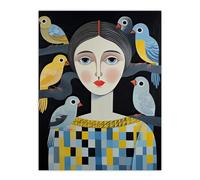 Artery8 The Bird Lady Surreal Oil Painting Blue Yellow Grey Dryad Portrait Large Wall Art Poster Print Thick Paper 18X24 Inch