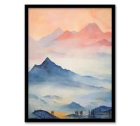 Artery8 The Blue Misty Hills Of Home Sunset Landscape Watercolour Mist Artwork Framed Wall Art Print A4