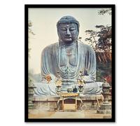 Artery8 The Bronze Buddha at Kamakura Retro Japan Framed Wall Art Print Kazumasa in Blue | Size: A4 Artery8 Blue A4