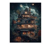 Artery8 The Burrow Witch Home at Night Conceptual Art Wall Art Print in Blue | Size: W12" x H16" Artery8 Blue W12" x H16"