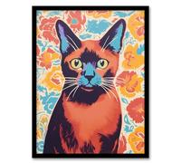 Artery8 The Cat And The Carnations Bold Vibrant Screen Print Burmese Cat And Flower Floral Risograph Artwork Retro Riso Interior Design Artwork Framed Wall Art Print 18X24 Inch