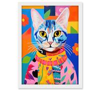 Artery8 The Cat in the Caftan Artwork Bold Bright Vibrant Modern Folk Art Acrylic Painting Kids Floral Pattern Artwork Framed A3 Wall Art Print