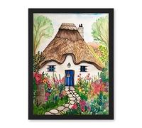 Artery8 The Cottage In The Forrest Flowers Folk Art Artwork Framed Wall Art Print 18X24 Inch