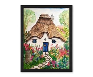 Artery8 The Cottage In The Forrest Flowers Folk Art Artwork Framed Wall Art Print 18X24 Inch