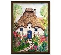 Artery8 The Cottage In The Forrest Flowers Folk Art Artwork Framed Wall Art Print A4