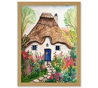 Artery8 The Cottage In The Forrest Flowers Folk Art Artwork Framed Wall Art Print A4