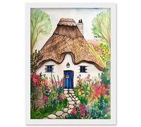 Artery8 The Cottage In The Forrest Flowers Folk Art Artwork Framed Wall Art Print A4