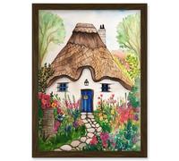 Artery8 The Cottage In The Forrest Flowers Folk Art Artwork Framed Wall Art Print A4