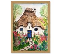 Artery8 The Cottage In The Forrest Flowers Folk Art Artwork Framed Wall Art Print A4