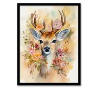 Artery8 The Deer In My Roses Watercolour Stag Buck Soft Serene Calm Artwork Framed Wall Art Print A4