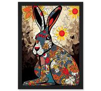 Artery8 The Floral Hare Flower Power Pattern Painting Colourful Psychedelic Flowers Artwork Framed A3 Wall Art Print