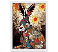 Artery8 The Floral Hare Flower Power Pattern Painting Colourful Psychedelic Flowers Artwork Framed Wall Art Print A4