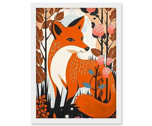 Artery8 The Fox and Rose Bush Pastel Colour Autumn Forest Landscape Flowers Artwork Framed A3 Wall Art Print