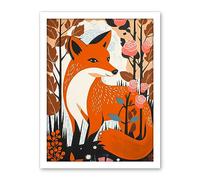 Artery8 The Fox and Rose Bush Pastel Colour Autumn Forest Landscape Flowers Artwork Framed Wall Art Print 18X24 Inch