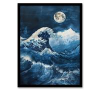Artery8 The Great Wave at Full Moon Storm Sea Painting Framed Wall Art in Blue | Size: W12" x H16" Artery8 Blue W12" x H16"