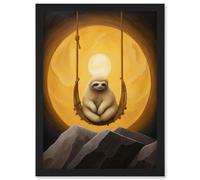 Artery8 The Lazy Overlord Sloth At Full Moon Abstract Surrealist Painting Wall Art Print - A4 Size