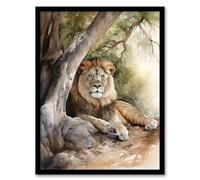 Artery8 The Lion Waits Watercolour Painting African Savannah Artwork Framed Wall Art Print A4