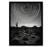 Artery8 The Milky Way Time Lapse Star Trails Stars Tracing Their Journey Across Black White Cactus Art Print Framed Poster Wall Decor Artery8 Black W12" x H16"