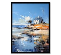 Artery8 The Old White Crofters Cottage Oil Painting Palette Knife Blue Orange Serene Scottish Coastal Landscape Art Print Framed Poster Wall Decor 12x16 inch