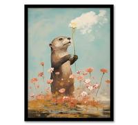 Artery8 The Otters Gift Artwork Floral Watercolour Crimson And Blue Artwork Framed Wall Art Print A4