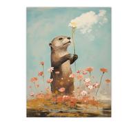 Artery8 Unframed Wall Art The Otters Gift Artwork Floral Watercolour Crimson And Blue - 12X16 Inch