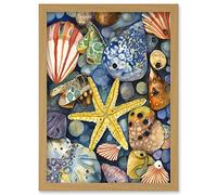Artery8 The Rock Pool Seaside Clams Starfish Bathroom Artwork Framed Wall Art Print A4 in Light Oak Artery8 Light Oak