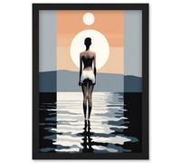 Artery8 The Sea Is Calling Modern Abstract Minimalist Artwork Sun And Moon Wall Art Print - A4 Size