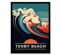 Artery8 The Seaside Calls Tenby Beach Wales UK Sunset Woman of the Waves Sea Siren Ocean Artwork Framed Wall Art Print A4