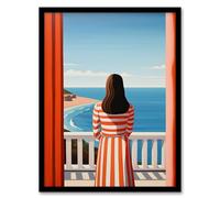 Artery8 The Seaview Simple Clean Blue And Red Coastal Aesthetic Artwork Painting Artwork Framed Wall Art Print A4