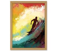 Artery8 The Silhouette of a Surfer Surfing on a Big Wave Artwork Framed Wall Art Print A4