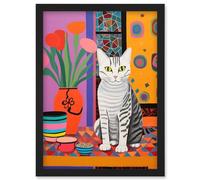 Artery8 The Stripey Cat Sits Artwork Potted Flower Plant Henri Matisse Style Painting Home Bold Bright Vibrant Folk Art Artwork Framed Wall Art Print A4