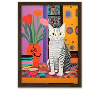Artery8 The Stripey Cat Sits Artwork Potted Flower Plant Henri Matisse Style Painting Home Bold Bright Vibrant Folk Art Artwork Framed A3 Wall Art Print