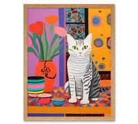 Artery8 The Stripey Cat Sits Artwork Potted Flower Plant Henri Matisse Style Painting Home Bold Bright Vibrant Folk Art Print Framed Poster Wall Decor 12x16 inch
