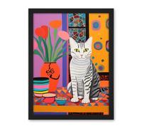 Artery8 The Stripey Cat Sits Artwork Potted Flower Plant Henri Matisse Style Painting Home Bold Bright Vibrant Folk Art Artwork Framed Wall Art Print 18X24 Inch