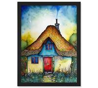 Artery8 The Thatched Cottage Folk Art Artwork Framed A3 Wall Art Print