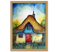 Artery8 The Thatched Cottage Folk Art Artwork Framed A3 Wall Art Print